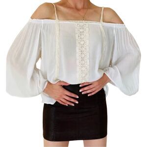 Rewind Cold Shoulder Crochet Front White Blouse • Medium
